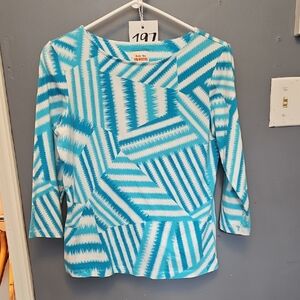 #197 Turquoise & White Geometric Boatneck Long Sleeve Top NOTE Very Small Mark